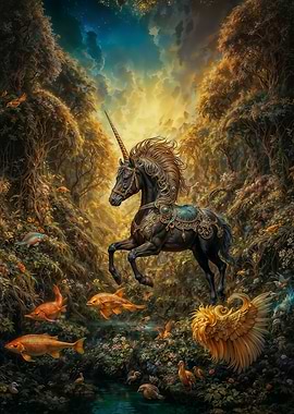 Black Unicorn in Enchanted Forest