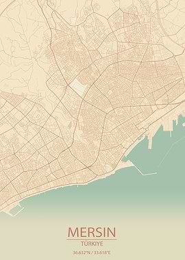 Mersin Türkiye Vintage Style City Map