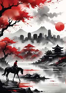 Lone Rider in Red Sky