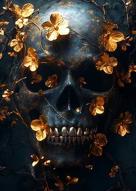 Golden Skull with Flowers
