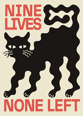 Nine Lives - Funny Mystical Black Cat Art Print, Vintage Funny Cat Wall Decor, Cat Lover Gift
