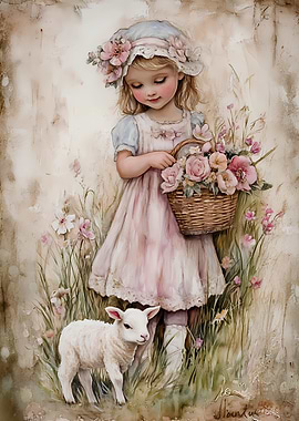 Girl with Flowers and Lamb