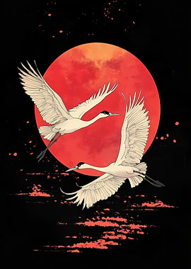 japan - Cranes and Red Moon