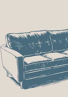 Vintage Blue Couch Line Art Illustration