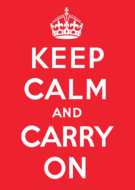 crown 'Keep Calm and Carry On' Poster. British World War II-era design, features bold white text on a red background, embodying resilience and national morale.