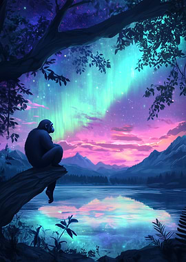 Chimpanzee Under Aurora Borealis Northern Lights
