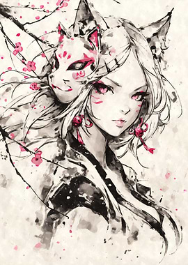 Anime Kitsune Girl with Mask