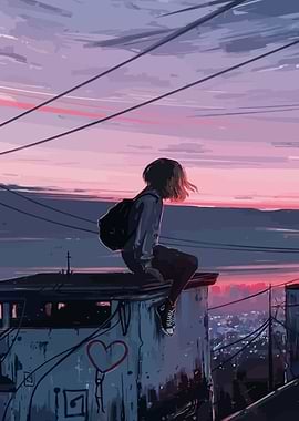 Girl on Rooftop at Sunset