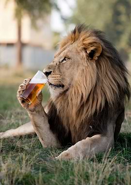 Lion Sipping A Beer