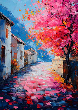 Cobblestone Street with Blossoming Tree