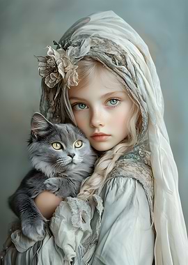 Girl with Cat in White Dress