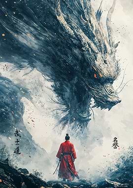 Samurai in Red Robe Facing a Majestic Spirit Dragon in Misty Mountains