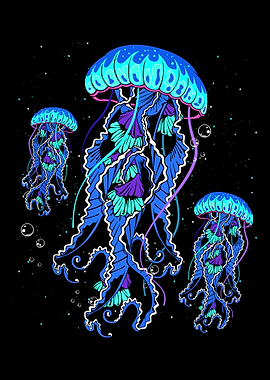 Neon Jellyfish Carnival Art, Canvas or Poster, Whimsical Contemporary Decor, Living Room Bedroom Home Office Game Room Colorful Wall Art