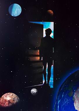 Threshold to the Infinite: Surreal Digital Artwork of a Man Opening a Door to the Sky