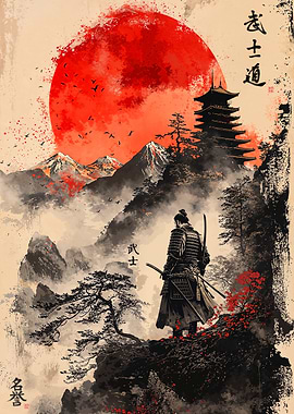 Bushido Spirit Samurai with Katana Under a Crimson Sky in Japanese Art