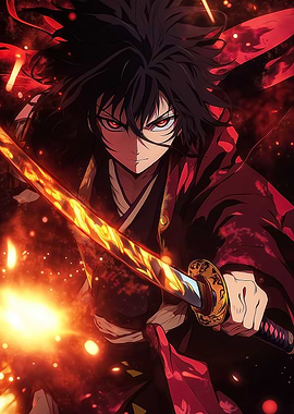 Anime Samurai with Flaming Sword