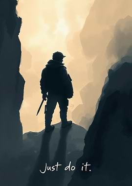 Silhouette of Man on Cliff. Quote 'Just Do It'