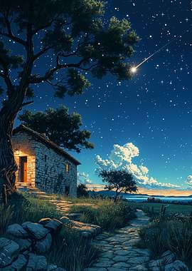 Stone Cottage Under Starry Sky