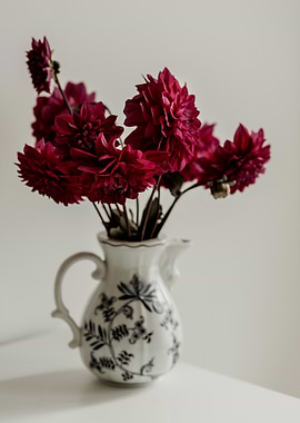 Crimson Dahlias in Vintage Pitcher
