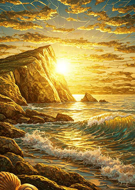 Golden Sunset Seascape Cliff
