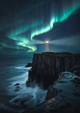 Lighthouse Under Aurora Borealis