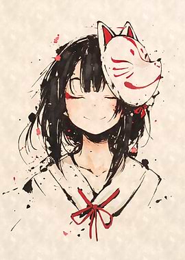 Anime Girl with Fox Mask Sumi-e
