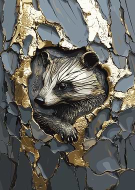 Raccoon in Gold and Grey Tree