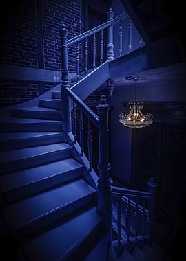 Dark Staircase with Chandelier