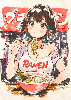 Anime Girl Eating Ramen Sumi-e