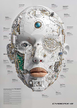 Futuristic Cybernetic Face Blueprint with Detailed AI System Components