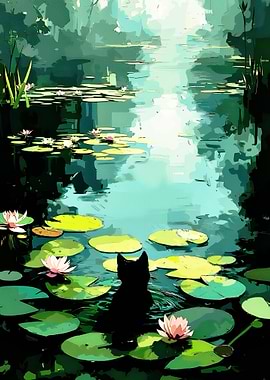 Black Cat by the Pond