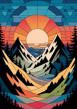 Sunset Over Mountains Stained Glass Style