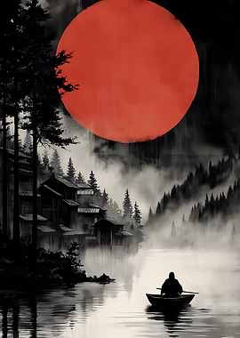 Red Moon Over Japanese Village