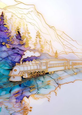 Golden Train in Mountains