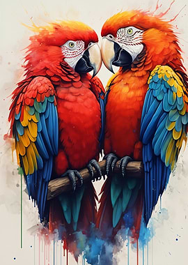Two Macaws in Love splash paint