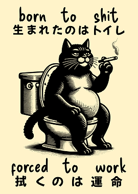 'Born to Shit, Forced to Work' Black Cat on Toilet