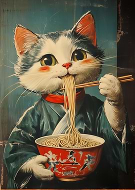 Cat Eating Noodles