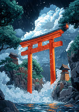 Japanese Torii Gate in Rain