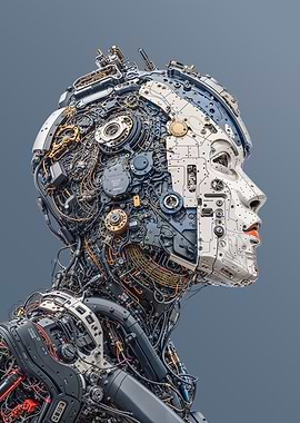 Advanced AI Cyborg with Detailed Mechanical Design and Cybernetic Parts