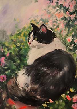 Black and White Cat in Flowers