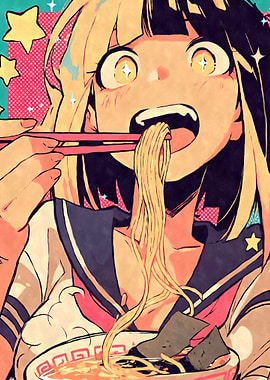 Happy Anime Girl Eating Ramen