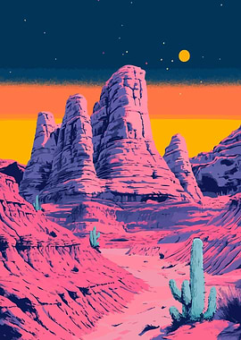Beautiful Synth Retro Desert Sunset Landscape Minimalist Art