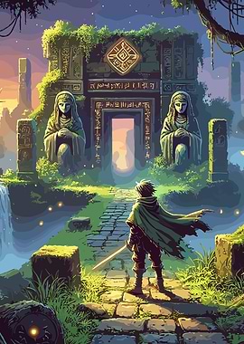 Medieval Fantasy Hero at Ancient Gate