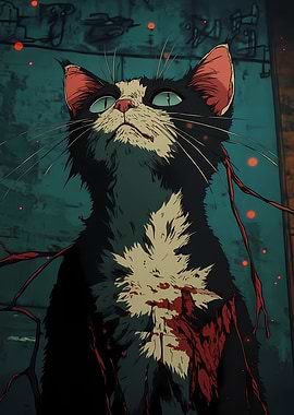 Cat with Bloody Wounds Dark Vintage Anime