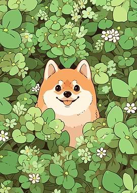 Cute Lucky Shiba Inu in Clover