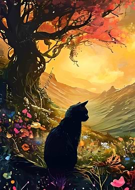 Black Cat in a Fantasy Landscape