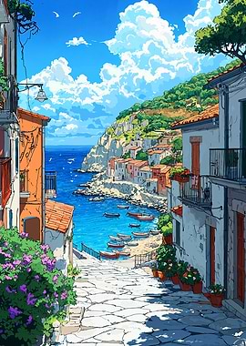 Mediterranean Village Seascape