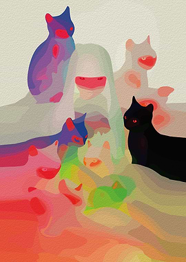 Colorful Cats and Girl