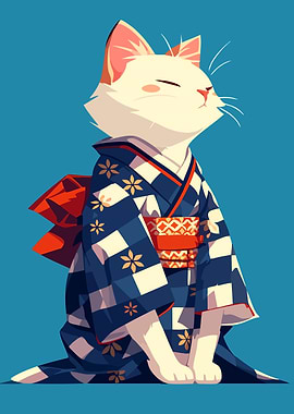 Kawaii Cat in Kimono Cute Minimalist Art