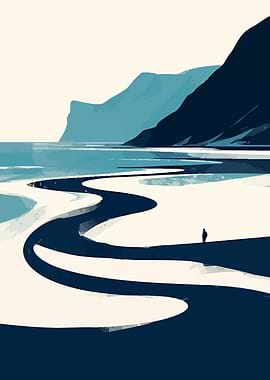 Solitary Figure by the Sea Abstract Minimalist Art